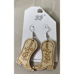 Girly Womens OS Cowboy Boot Earrings Tan Laser Etched Wood Western Boho Cowgirl
